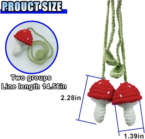 2PCS Crochet Mushroom Car Accessories, Cute Car Mirror Hanging Charm, Automotive Interior Aesthetic Decoration Pendant, Rear View Mirror Accessories for Women (Red) in Saudi Arabia