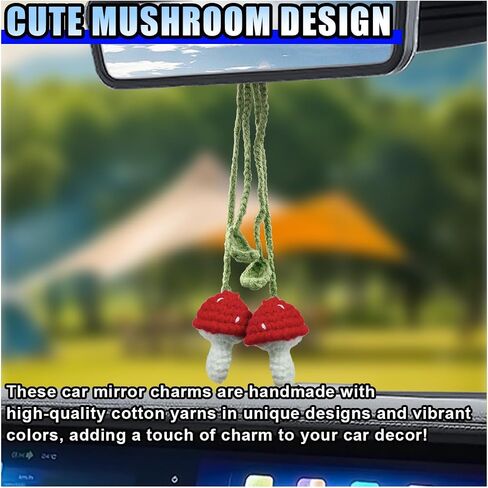 2PCS Crochet Mushroom Car Accessories, Cute Car Mirror Hanging Charm, Automotive Interior Aesthetic Decoration Pendant, Rear View Mirror Accessories for Women (Red) in Saudi Arabia