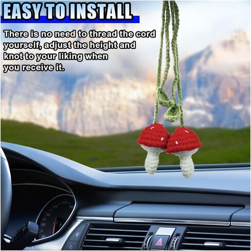 2PCS Crochet Mushroom Car Accessories, Cute Car Mirror Hanging Charm, Automotive Interior Aesthetic Decoration Pendant, Rear View Mirror Accessories for Women (Red) in Saudi Arabia