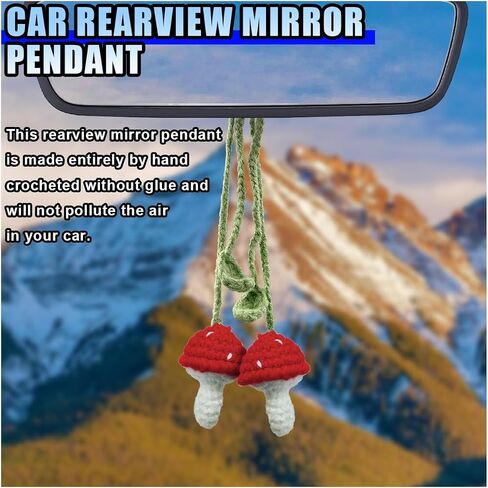 2PCS Crochet Mushroom Car Accessories, Cute Car Mirror Hanging Charm, Automotive Interior Aesthetic Decoration Pendant, Rear View Mirror Accessories for Women (Red) in Saudi Arabia