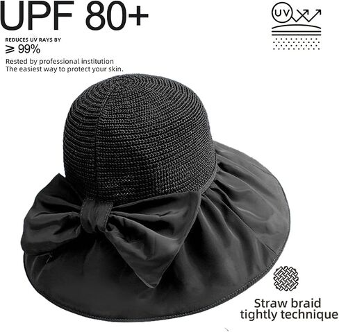 Womens Beach Sun Hat UPF 80+ Summer Outdoor Protection Foldable Wide Brim Bucket Hat Decorative Bow in Saudi Arabia