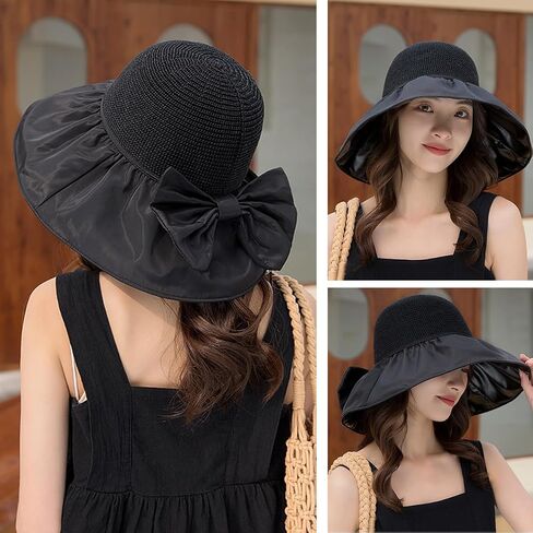 Womens Beach Sun Hat UPF 80+ Summer Outdoor Protection Foldable Wide Brim Bucket Hat Decorative Bow in Saudi Arabia