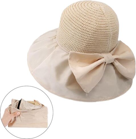 Womens Beach Sun Hat UPF 80+ Summer Outdoor Protection Foldable Wide Brim Bucket Hat Decorative Bow in Saudi Arabia
