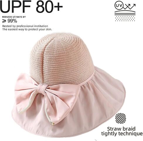 Womens Beach Sun Hat UPF 80+ Summer Outdoor Protection Foldable Wide Brim Bucket Hat Decorative Bow in Saudi Arabia