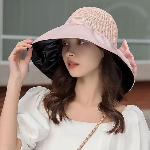 Womens Beach Sun Hat UPF 80+ Summer Outdoor Protection Foldable Wide Brim Bucket Hat Decorative Bow in Saudi Arabia