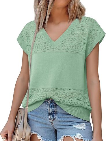 Messic Womens V Neck Sweater Vest Cap Sleeve Casual Lightweight Knit Pullover Tops in Kuwait