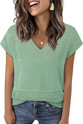 Messic Womens V Neck Sweater Vest Cap Sleeve Casual Lightweight Knit Pullover Tops in Kuwait