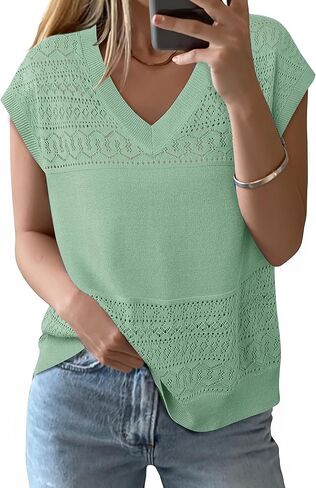 Messic Womens V Neck Sweater Vest Cap Sleeve Casual Lightweight Knit Pullover Tops in Kuwait