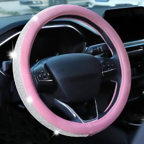 Haokay Premium Car Pink Bling Teadering Wheel Cover for Women Girls ، غطاء عجلة توجيه من الجلد اللطيف مع أحجار الكريستال ، وملحقات سيارة بلينغ ذات التنفس ،