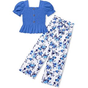 Girls Clothes Solid Color Square Collar Stretch Top and Wide Leg Pants Clothes for Teen Girls 6-14Y