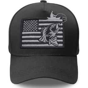 Fishing Hat, Fisherman Gift Adjustable Baseball Cap with American Flag and Angler Logo Black