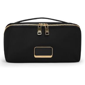 TUMI - Voyageur Dallas Cosmetic Bag - Lay-Flat Travel Makeup Organizer - Packable Travel Bag - Black with Gold Hardware