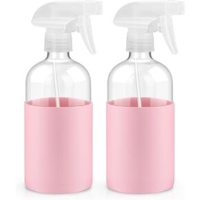 2 Pack Glass Spray Bottles with Silicone Sleeve, 16 oz Empty Refillable Containers with Adjustable Spray Nozzles, Spray Bottles for Hair, Cleaning Solutions and Plants White