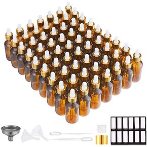 Prettycare Eye Dropper Bottle 2 أوقية (63 حزمة زجاجات زجاجية صافية 60 مل مع أغطية ذهبية ، ومسطرات العين الإضافية ، و 120 ملصقات ، و 10 قمع ومتوسطة مقاس) زجاجات صبغة فارغة للزيوت الأساسية