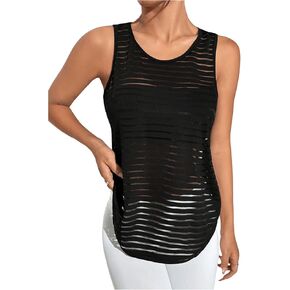 OYOANGLE Women's Striped Sheer Sports Tank Top Sleeveless Athletic Shirts Active Gym Tops Activewear