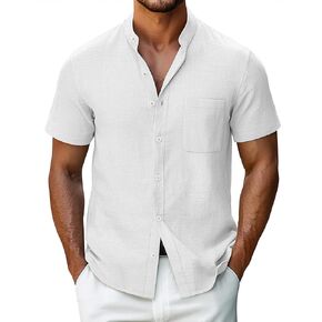 Ficerd Men's Cotton Linen Shirts, Short Sleeve Casual Beach Shirts Button Down Band Collar Lightweight Summer Tees M-6XL
