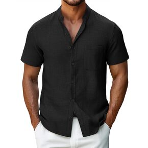 Ficerd Men's Cotton Linen Shirts, Short Sleeve Casual Beach Shirts Button Down Band Collar Lightweight Summer Tees M-6XL in Saudi Arabia