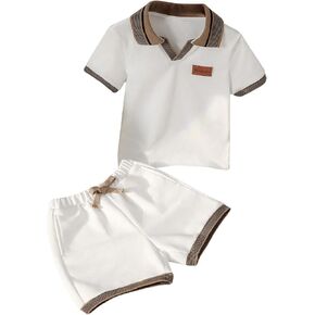 GORGLITTER Boy's 2 Piece Short Set Letter Patched Short Sleeve Tennis Shirt and Knot Front Shorts Summer Outfits