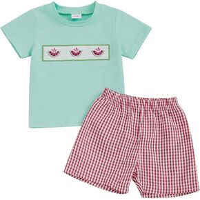Toddler Baby Boy Summer Clothes Fruits Embroidery Short Sleeve T Shirt Plaid Shorts Sets Cute Boys Summer Outfits