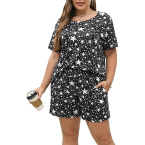 Celkuser Plus Size Pajamas Set for Women 2-Piece Short Sleeve Sleepwear Soft Loungewear PJs with Pockets 1x-5x