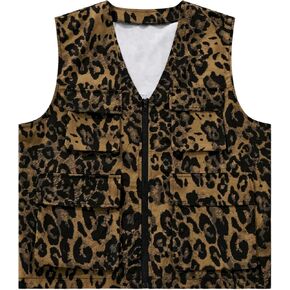 Men's Leopard Zip Up Vest Coat Vintage Cheetah Sleeveless Jacket Waistcoat Streetwear with Flap Pockets