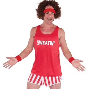 Red Fitness Instructor Costume Set - Adult Standard Size Workout Outfit (Includes Red Wig, Headband and Wristbands) - Ideal for Costume Parties, Gym Workout Sessions, Fitness Events & More, Pack of 2