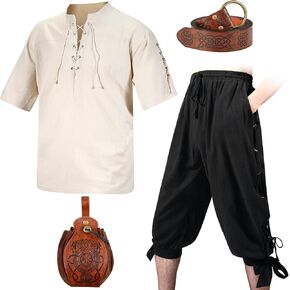 Xtinmee 4 Pcs Halloween Men Renaissance Costume Set Medieval Pirate Viking Costume Shirt Pant Belt Bag