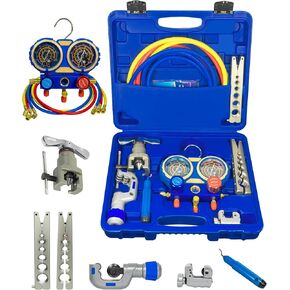 3 Way AC Mifold Gauge مجموعة لـ R22 R134A R410A R32 مع مجموعة أدوات توصيل مضاد لـ Antishock مع قاطع الأنابيب ، المشابك المتري والبوصة ، أداة deburring لأنابيب الألومنيوم النحاسية