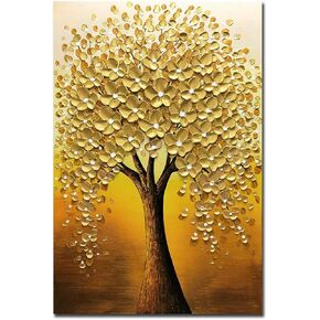 اللوحات الزيتية yotree ، 24 × 36 بوصة من الزهور الذهبية الشجرة حظ الشجرة زيت زيت اللوحة ثلاثية الأبعاد مرسومة يدويا على قماش مجردة الأعمال الفنية الخشب داخل مؤطرة الجدار الزخرفة التجريد