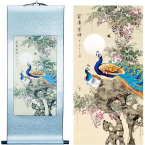 Teflay Chinese Painting Hanging Scroll Peacock Resting Picture Zen Flower and Bird Painting Silk Ink Scroll Chinese Study Decoration Solid Wood Matte Mounting 15.75in x 42.32in