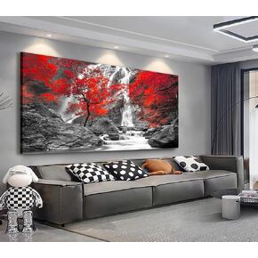 LUEAXRG Waterfall Canvas Wall Art Forest Canvas Pictures Red Maple Leaf Landscape Painting Tree Wall Decor Contemporary Artwork Prints for Living Room Bedroom Kitchen Home Office Decoration 29" X 58"