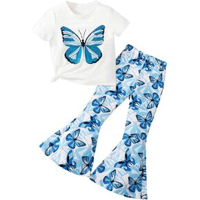 Floerns Toddler Girl's Two Piece Sets Summer Butterfly Print Tee Shirt Flare Pant Outfits