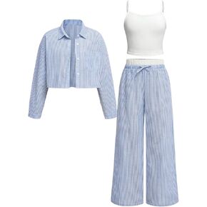 MakeMeChic Girl's 3 Piece Outfits Camisole Striped Button Down Shirt and Bow Knot Pants Set