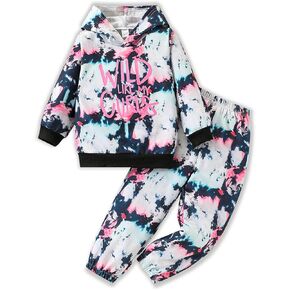 4-8T Girls Clothes Letter Print Tie Dye Hooded Long Sleeved Top +Tie Dye Long Pants Outfits Set