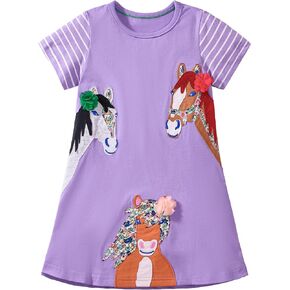 Hongshilian Toddler Girls' Cotton Casual Dress Cartoon Embroidery Applique Basic Short Sleeve Tunic Shirt Dresses in Saudi Arabia