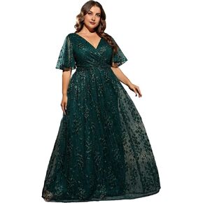 Plus Size Women's V Neck Ruffles Flutter Sleeve Embroidered Lace A Line Maxi Dress for Wedding Party Evening