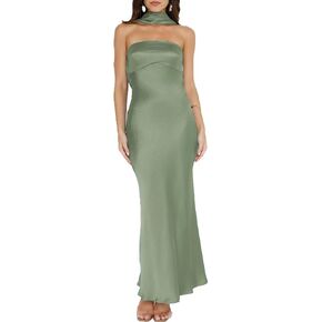 Women's Summer Satin Strapless Tube Top Maxi Dress Elegant Silk Backless Halter Neck Formal Party Dresses Wedding Guest