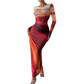 Women's Tie Dye Ruched Long Sleeve Dress Mesh Slim Fit Bodycon Maxi Dresses