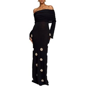 Unybwonn Women Sexy قبالة الكتف Crochet Maxi Dress Bodycon امتداد شبكية متماسكة فستان طويل الأكمام أنبوب أعلى الفساتين الأنيقة