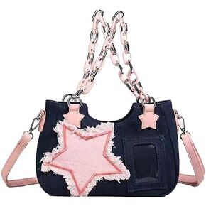 Cute Shoulder Bag Crossbody Bag for Women Y2K Star Patchwork Denim Messenger Bag Handbag for Teen Girls