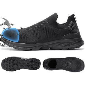 Furuian Slip On Steel Toe Safety Shoes for Men Lightweight Breathable Steel Toe Work Sneakers Comfortable Non Slip Safety Work Tennis Shoes for Men Black
