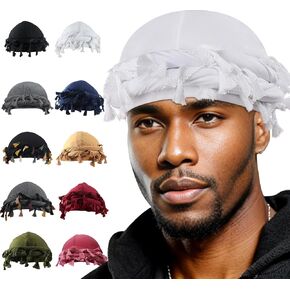 Babalet Halo Turban for Men Women Satin Lined Durag Head Wraps Skull Cap Pre-Tied Tassels Braid Beanie Vintage Twist Bonnet