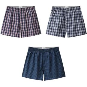 Men's Cotton Boxer Shorts, Plaid Pattern, Pack of 3, Navy Blue and Multi-Color，Made from 100 cotton（S-XL）