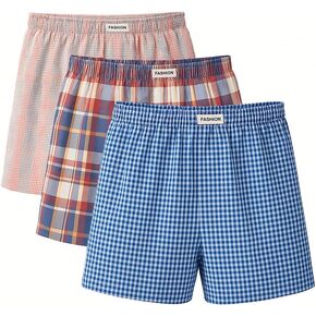 Men's Weaved Boxer Shorts, Pack of 3, Skin-friendly，Classic Patterns - Multicolor Gingham, Blue Check, Red Plaid （L-4XL）