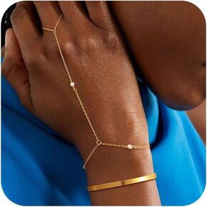 CHESKY 2Pcs Hand Chain Bracelet for Women, Dainty 14k Gold Plated Ring Bracelets Hand Chain Non Tarnish Simple Cuff Evil Eye CZ Bracelets Adjustable Nail Bracelet Gold Hand Jewelry for Women