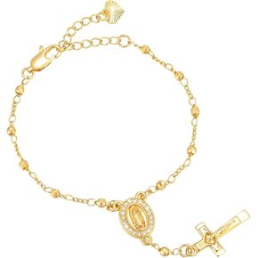 Women's Gold Virgin Mary Bracelet - 14k Gold Plated Rosary Beads Cross Bracelets,Hypoallergenic Non Tarnish Religious Rosarios Catolicos Virgen de Guadalupe Jewelry,Catholic Baptism Gifts for Her
