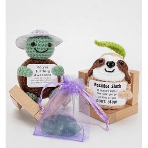 2 Pack Positive Crochet Animals, Emotional Support Decor with Inspirational Card Base and Healing Crystals Cute and Funny Gift for Girlfriend Boyfriend Colleagues (Tortoise and Sloth)