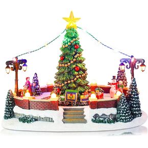 Taman Christmas Village Houses - Collectible Buildings with Moving Train, Family & Snowman, Warm Light Musical Ornaments for Christmas Holiday Decorations