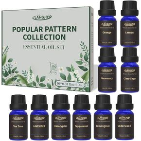 Essential Oils Set 0.34 oz x10 (10 x 10ml), Lavender, Peppermint, Lemongrass, Tea Tree, Eucalyptus, Clary Sage, Rosemary, Lemon, Cedarwood, Orange, Essential Oil Home