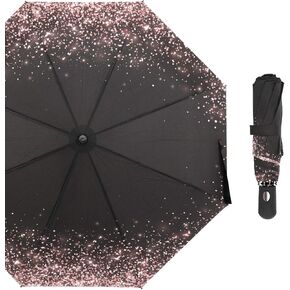 Rose Gold & Black Compact Travel Umbrella, Auto Open/Close, Windproof & Waterproof, Portable for Girls & Women